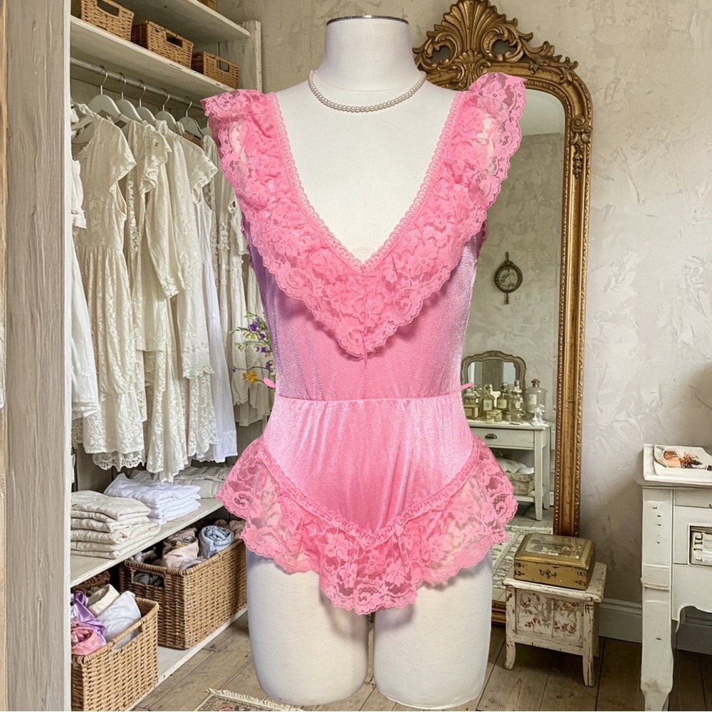 Vintage Pink Satin & Lace Ruffle Teddy Lingerie Size M